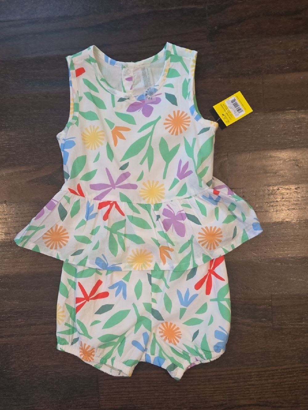 NWT Primary White Floral Baby Romper with Purple, Green & Blue Leaves